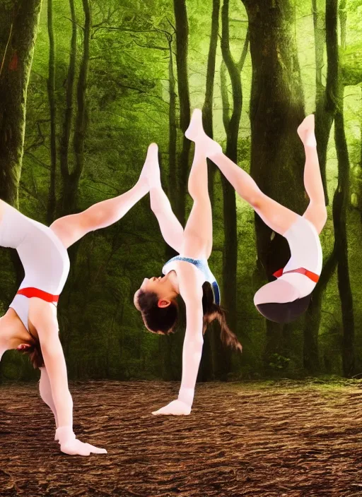 Prompt: a beautiful detailed photo of a group of girls doing gymnastics in the forest, realistic, f 8, 4 k hd wallpaper