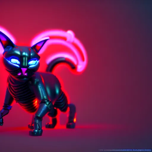 Image similar to cybertronic devil cat , 3d render , LEDs , octane render , 4k , rim lighting