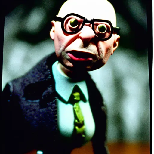 Image similar to claymation klaus schwab by jan svankmajer, hyperrealistic, very detailed, tim burton, 3 5 mm film still, gothic, horror, eldritch