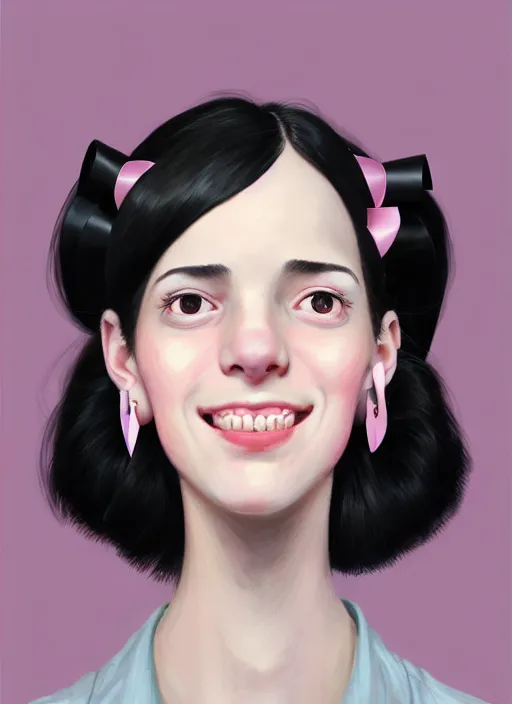 Image similar to portrait of high school girl, realistic, black hair, bangs, half updo hairstyle, pointy nose, skinny, smile, ugly, defined jawline, big chin, pink hair bow, earrings, intricate, elegant, glowing lights, highly detailed, digital painting, artstation, sharp focus, illustration, art by wlop, mars ravelo and greg rutkowski