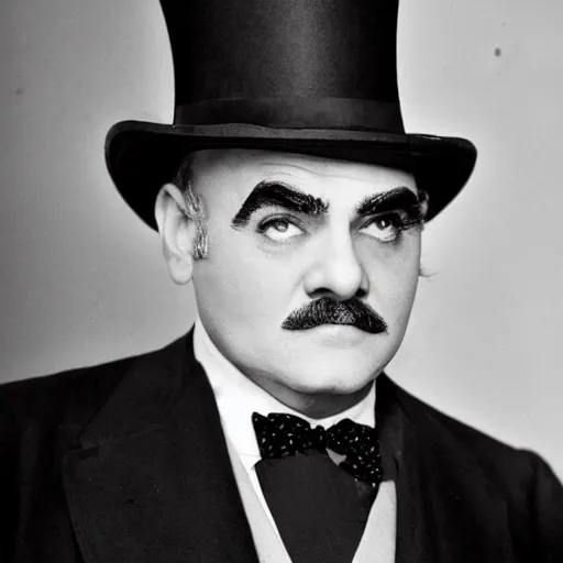 Prompt: scene of the hercule poirot tv serie featuring david suchet shaved with a top hat. studio lighting