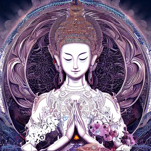 Prompt: photo of boundless pure flower eyes bodhisattva, praying meditating, intricate, elegant, dynamic lighting, detailed, trending, 4 k uhd, in the style of wlop!!! and android jones and artgerm and yoshitaka amano