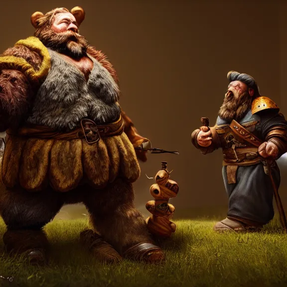 Image similar to Drunk Dwarf Woodsman riding Bear Companion into a Tavern, RPG Portrait Full Body, Oil Painting, Trending on Artstation, octane render, Insanely Detailed, 8k, HD