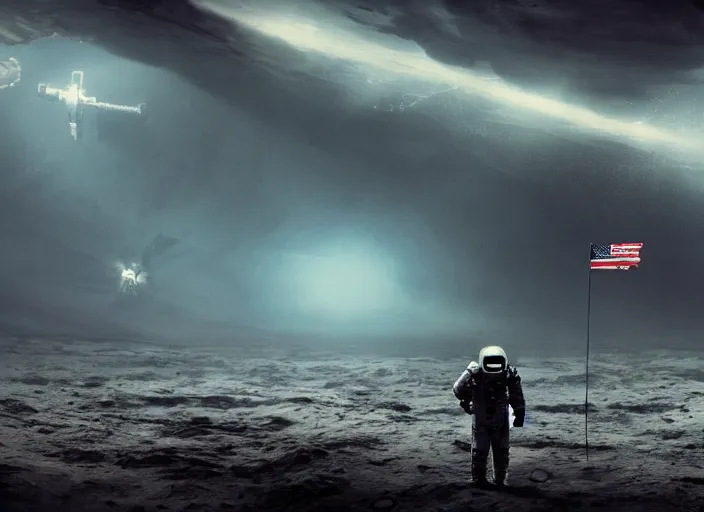 Image similar to astronaut holding a flag in an underwater desert. a submarine is visible in the distance. dark, concept art, cinematic, dramatic, atmospheric, 8 k, trending on artstation, blue, fish, low visibility, fog, ocean floor, christopher nolan, interstellar