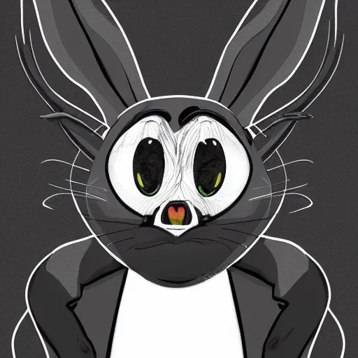Image similar to A extremely highly detailed majestic hi-res beautiful, highly detailed head and shoulders portrait of a scary terrifying, horrifying, creepy black cartoon rabbit with scary big eyes, earing a shirt laughing, let's be friends, in the style of Walt Disney