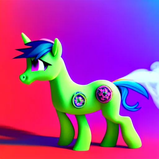 Image similar to stoner pony from my little pony, marijuana themed, art, smoke everywhere, colorful, 3 d, render, blender 3 d, soft lighting, floaty, surrounded by smoke clouds spiraling around