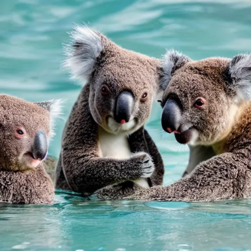Image similar to 4 koalas swimming in the ocean as people watch