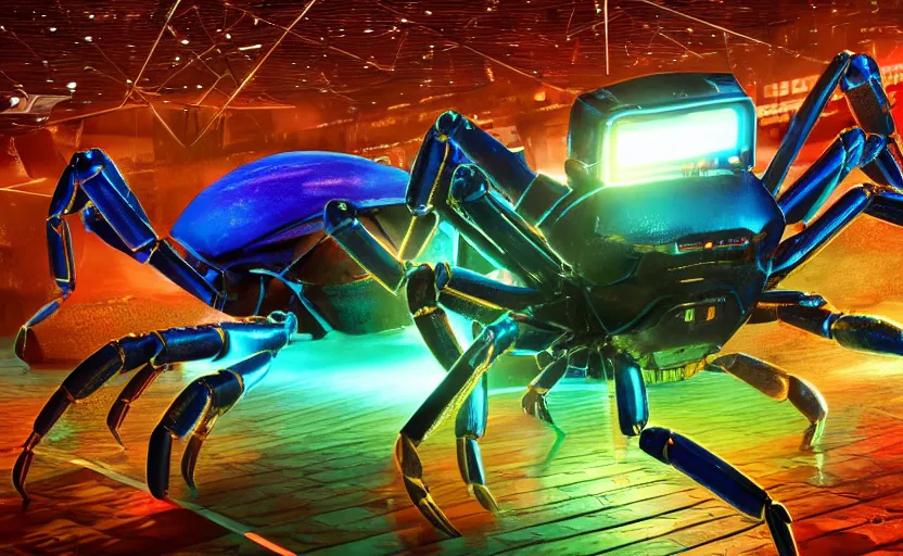 Image similar to robocrab cybercore disco rave, highly detailed, extremely high quality, hd, 4 k, 8 k, professional photographer, 4 0 mp, lifelike, top - rated, award winning, cinematic, realistic, detailed lighting, detailed shadows, sharp, no blur, edited, corrected, trending