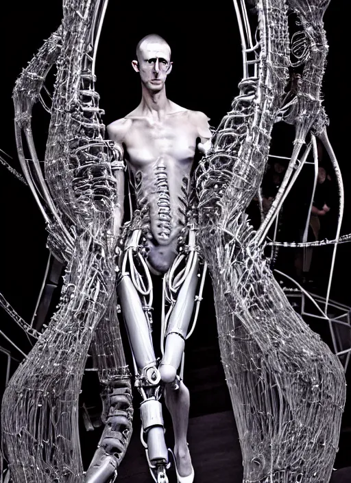 Prompt: walking down the catwalk, steven klein, mert alas and marcus piggott, show, stage, vogue photo, podium, fashion show photo, iris van herpen, beautiful woman, full body shot, masterpiece, inflateble shapes, alien, giger, plant predator, guyver, jellyfish, wires, veins, biomechanical details, bionic cyborg implants, colourfull