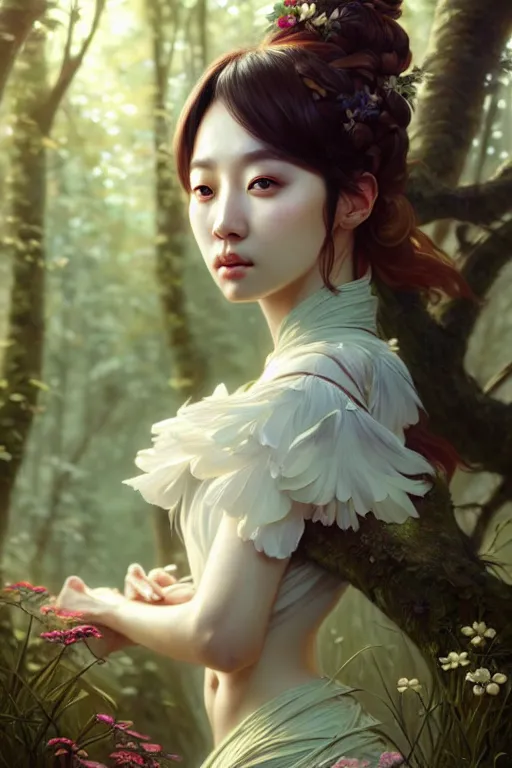 Image similar to beautiful digital painting of a hoyeon jung as a stylish female forest with high detail, 8 k, stunning detail, works by artgerm, greg rutkowski and alphonse mucha, unreal engine 5, 4 k uhd