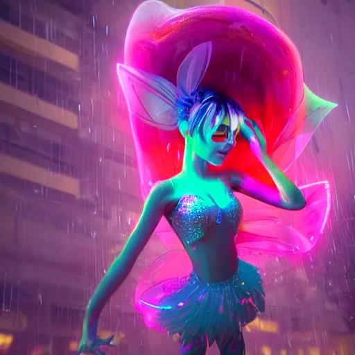 Image similar to stylish magical fairy, splashes of neon, cartoon portrait made out of rain, trending on artstation, epic composition, beautiful, rendered in octane, unreal engine, highly detailed, realistic