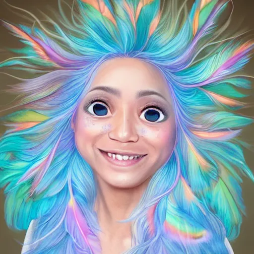 Prompt: A realistic centered portrait of a happy smiling ethereal asian sylph with a wide smile, ethereal vaporous tan skin, azure eyes and eyelashes, ethereal iridescent locks of hairs flying in the breeze and adorned with rainbow feathers, iridescent ethereal veils, flying high in the clouds::sunny weather, sss, translucency, light blue freckles and blemishes, long exposure, hologram, trending on artstation, soft natural lighting and shadows, VFX, CG