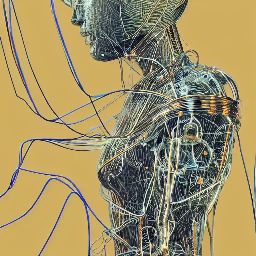 Image similar to a beautiful body of a pilot woman partially made of wires and electronic circuits, an ultrafine detailed illustration by james jean, final fantasy, intricate linework, bright colors, behance contest winner, vanitas, angular, altermodern, unreal engine 5 highly rendered, global illumination, radiant light, detailed and intricate environment