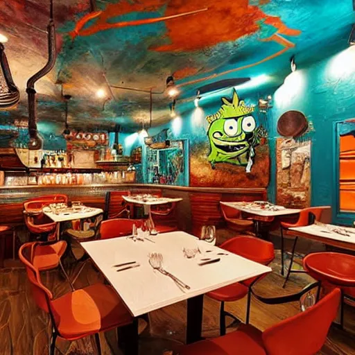 Image similar to a restaurant inspired by the rusty krab from spongebob squarepants, interior, realistic, photography