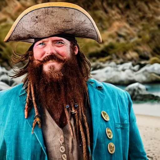 Prompt: a award winning outdoors beach portrait photo of a charismatic rugged pirate captain with brown beard and light brown long hair, faded teal coat and slightly chubby, huge big pirate hat movie color graded