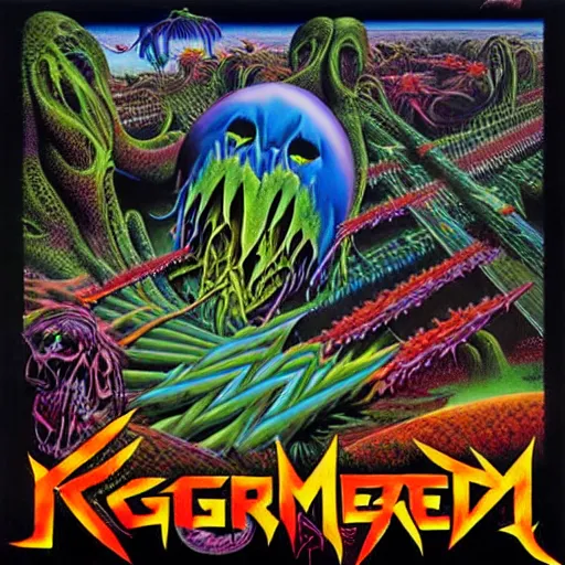 Image similar to thrash metal album cover in the style of roger dean, realistic, sharp focus, 8k high definition, insanely detailed, intricate, smooth, airbrush, art by kenny scharf and philippe druillet