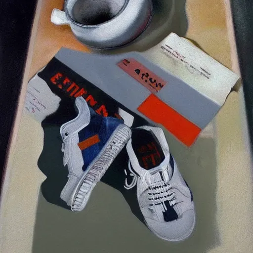 Prompt: ultra realistic painting of sneakers, art by frank frazetta, 4 k, ultra realistic, highly detailed, epic lighting