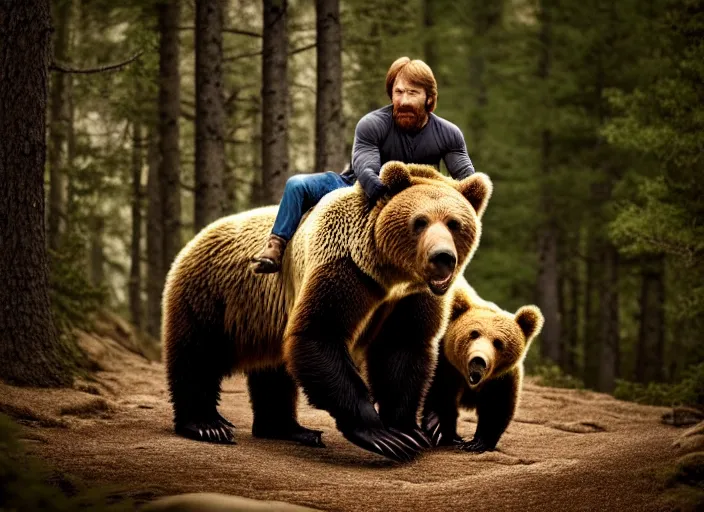 Image similar to photo of chuck norris riding his grizzly bear, in the forest. fantasy magic style. highly detailed 8 k. intricate. life - like. soft light. sony a 7 r iv 5 5 mm.