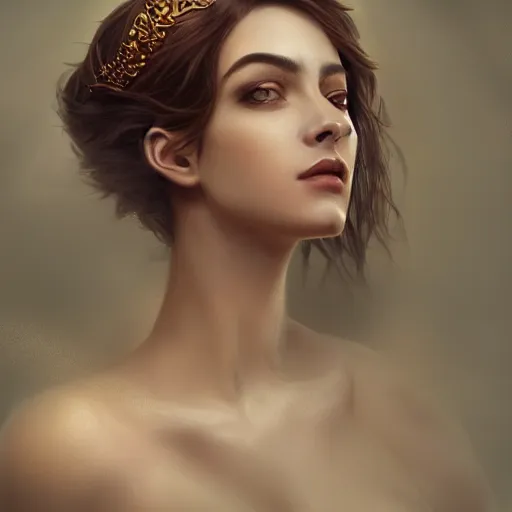 Prompt: portrait of a radiant greek mythology goddess, jewelry, crown, confident, gorgeous, stunning, dramatic lighting, detailed, very realistic, trending on Artstation, Cgsociety