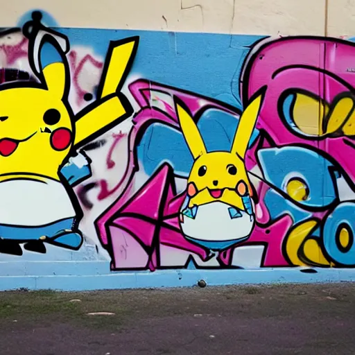 Image similar to graffiti pikachu on the wall, wide angle lens