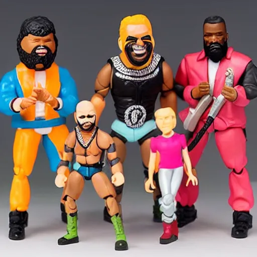 Image similar to action figure mr. t pop band, detailed facial expressions, 1 9 8 0 s aesthetic