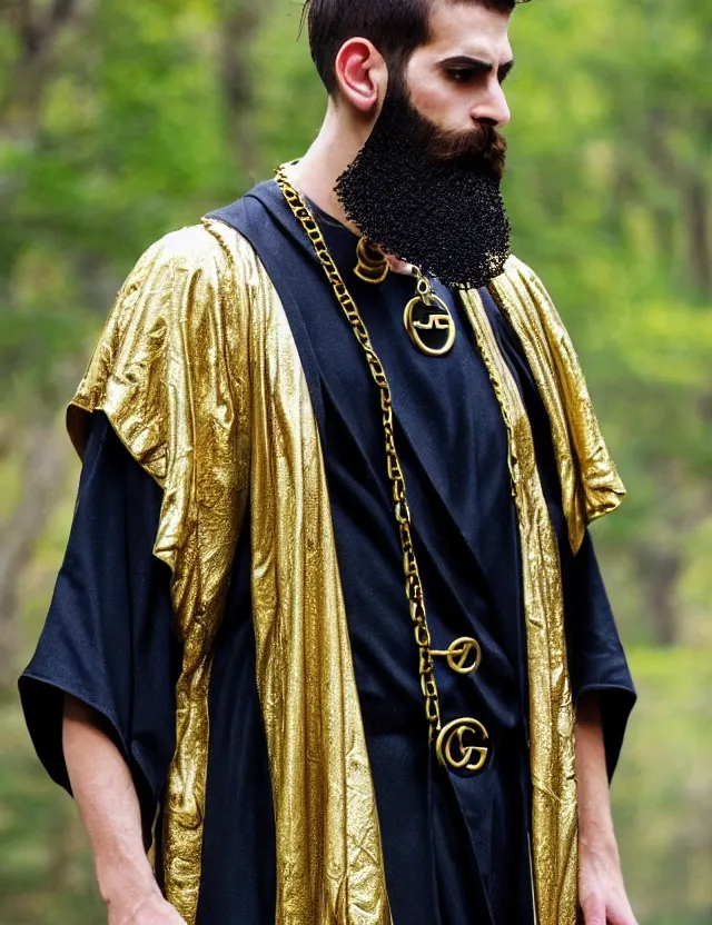 Image similar to longshot modern ancient greek squire costume chiseled chin full beard shaved head nature creek river in the woods marc jacobs gucci gold black blue intricate detailed handsewn textile robes chains necklace