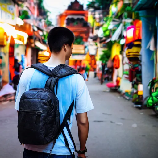 Image similar to 20 year old male American tourist wearing a backpack walking through hanoi as a Vietnamese propaganda poster. 8k resolution.