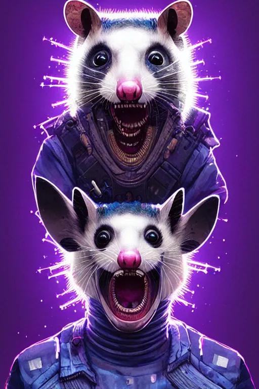 Image similar to a beautiful portrait of a cute cyberpunk opossum screaming by sandra chevrier and greg rutkowski and wlop, purple blue color scheme, high key lighting, volumetric light, digital art, highly detailed, fine detail, intricate, ornate, complex, octane render, unreal engine, photorealistic