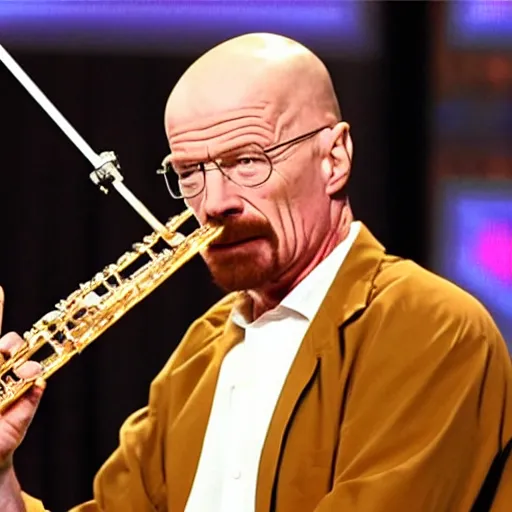 Image similar to walter white playing the flute on america's got talent