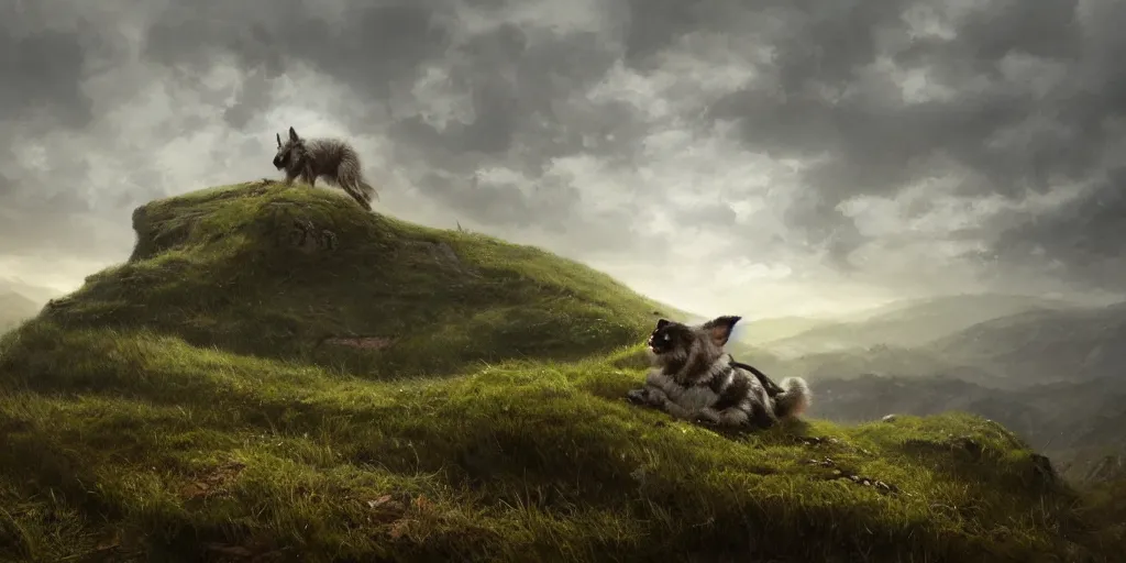 Prompt: breathtaking detailed concept art painting of a dog on the top of a hill. beneath the hill is a tiny village, by hsiao - ron cheng, extremely moody lighting, 8 k