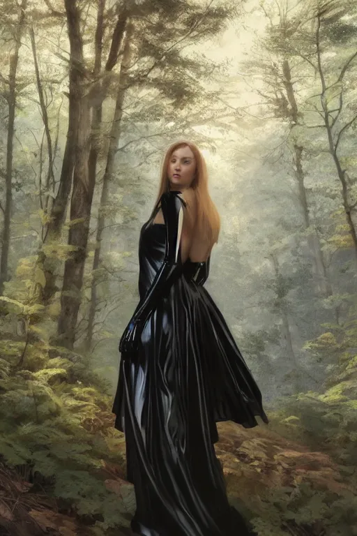 Prompt: woman in a dress in a forest, detailed black latex dress, beautiful model girl face, by jeremy lipking, by yoshitaka amano, by artgerm, digital art, octane render