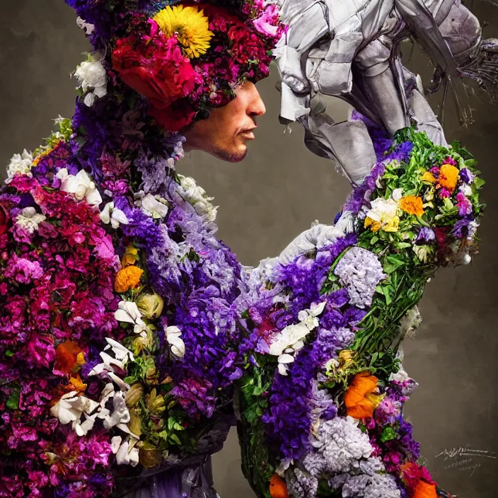 Prompt: an alien wearing a robe made of flowers, by Omar Z. Robles, CANON Eos C300, ƒ1.8, 35mm, 8K, medium-format print