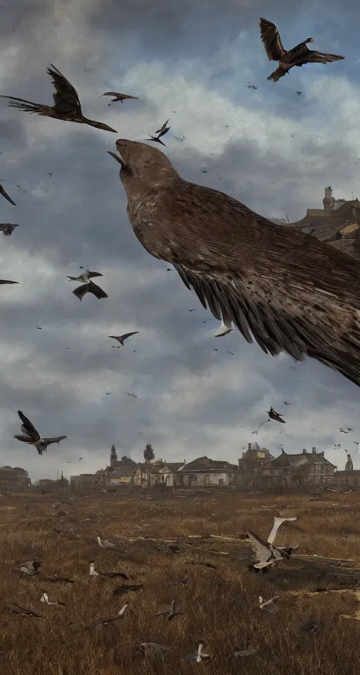Image similar to birds in the sky, from the game pathologic 2, highly detailed, sharp focus, matte painting, by isaac levitan and asher brown durand,
