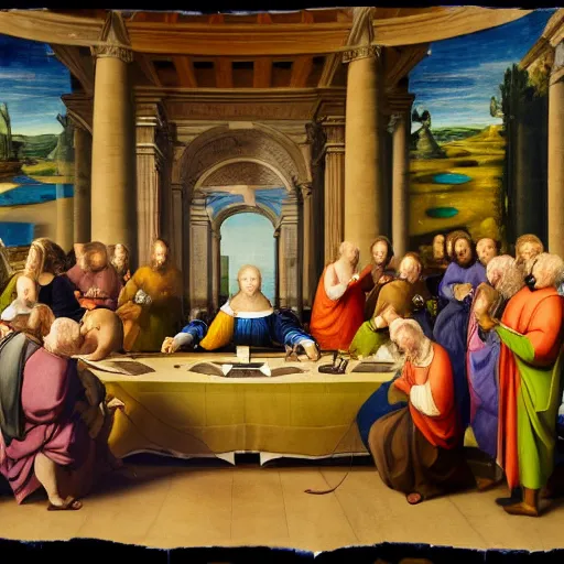 Prompt: a renaissance painting of a psychedelic conference of scientists / professors / researchers, high detail, modern