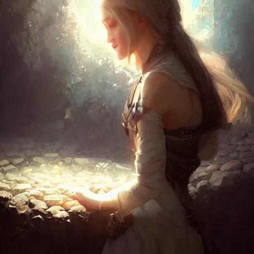 Image similar to a portrait of a beautiful lady with adorable eyes, praying, light smiling, art of wlop and greg rutkowski, epic fantasy art, bright light masterpiece, ray of light through white hair