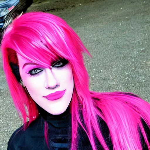 Prompt: photo of jeffree star in the 2 0 0 0 s with pink red hair posing out front