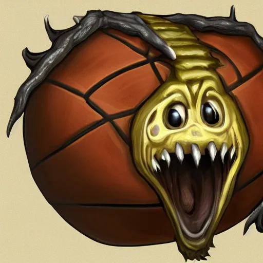 Image similar to a mimic pretending to be a basketball with a long tongue and sharp teeth, fantasy, digital painting