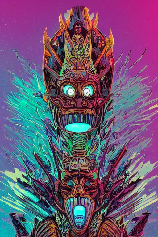 Image similar to totem animal tribal chaman vodoo mask feather gemstone plant wood rock video game illustration vivid color borderlands by josan gonzales and dan mumford radiating a glowing aura