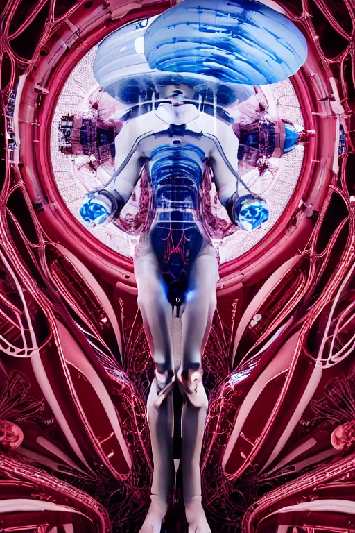 Prompt: background space station, red baroque inflateble dress iris van herpen positing on floor, helmet instead of a head, perfect symmetrical, full body shot, inflateble shapes, wires, tubes, veins, jellyfish, white biomechanical details, wearing epic bionic implants, masterpiece, intricate, biopunk, vogue, highly detailed, artstation, concept art