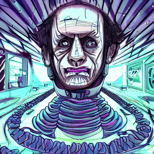 Image similar to depraved and broken with spiral eyes with tvs all around him channeling mind control frequencies towards him. of mind in the style of ben garrison and wil hughes, trending on artstation, ultra 8 k