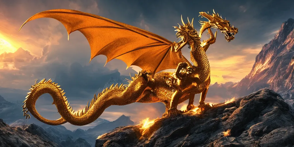 Prompt: a golden dragon breathing fire on the top of a mountain, epic composition, detailed and intricate image, cinematic, 4 k