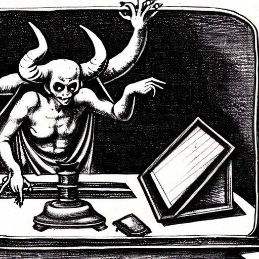 Image similar to a devilish spirits emerging from a desktop computer, renaissance era sketch, satanic, ritual