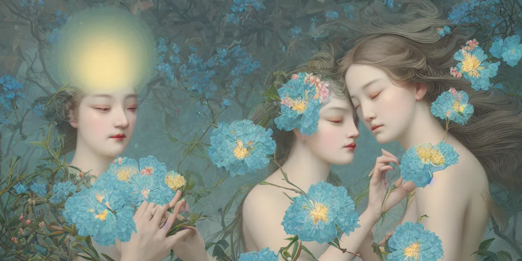 Image similar to breathtaking detailed concept art painting blend of two goddess of light blue flowers by hsiao ron cheng, vintage illustration pattern with bizarre compositions blend of flowers and fruits and birds by beto val and john james audubon, exquisite detail, extremely moody lighting, 8 k