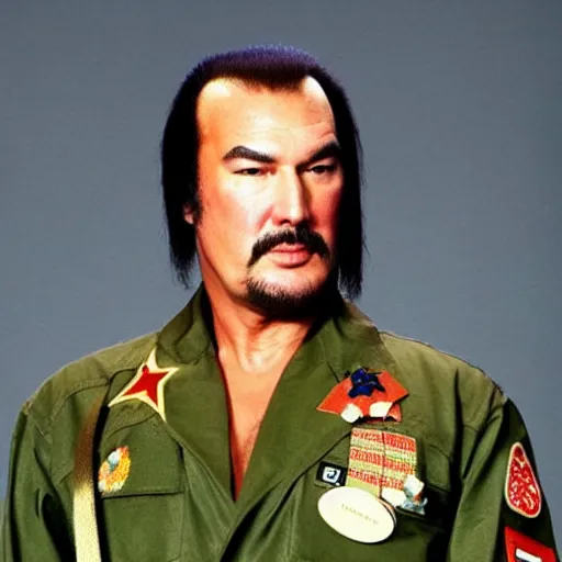 Image similar to Steven Seagal dressed as a soviet commander, realistic portrait.