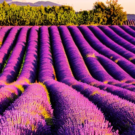 Image similar to lavender field in provence at sunset with a cat sitting in foreground