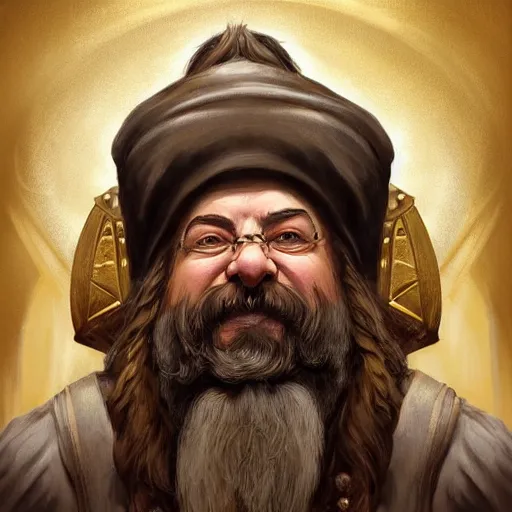 Image similar to symmetrical portrait of a happy dwarf showing off the giant gold nugget, realistic, beautiful, fantasy art, dnd, lord of the rings, style of charlie bowater, concept art, sharp focus, ray tracing