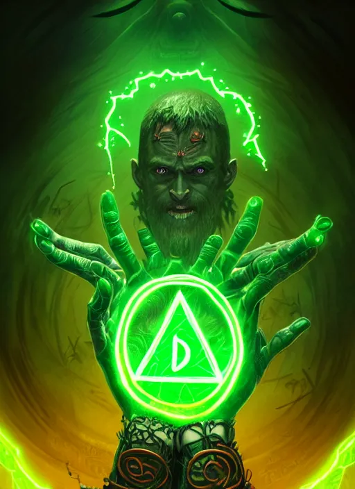 Image similar to illustration of a demonic evil glowing green portal with glowing runes, with hands reaching out from the portal covered in rune tattoos, intricate, demonic, evil green lighting, highly detailed, digital painting, artstation, concept art, smooth, sharp focus, illustration, art by wlop, mars ravelo and greg rutkowski