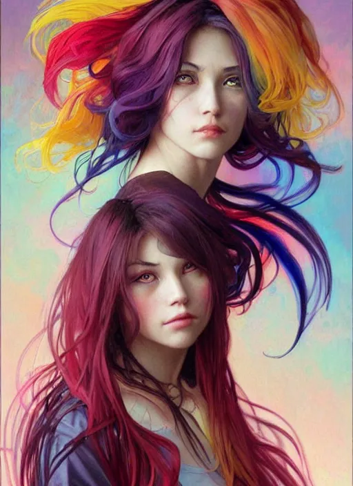 Prompt: a young woman with beautiful rainbow hair. she looks very angry. beautiful painting by artgerm and greg rutkowski and alphonse mucha