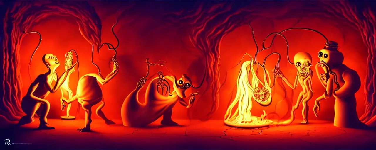 Prompt: uncanny alchemist chthonic creatures inside a fiery alchemical lab within the left ventricle of a human heart, dramatic lighting, surreal 1 9 3 0 s fleischer cartoon characters, surreal painting by ronny khalil