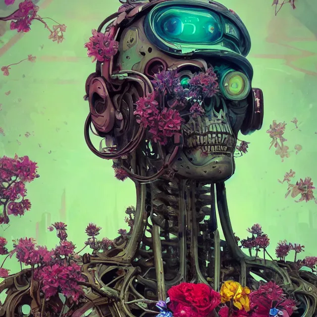 Prompt: a beautiful portrait painting of a ( cyberpunk ) steel skeleton covered with flowers by simon stalenhag and pascal blanche and alphonse mucha!! and nekro! and josan gonzalez!. in style of digital art. colorful comic, film noirs, symmetry, brush stroke, vibrating colors, hyper detailed. octane render. trending on artstation